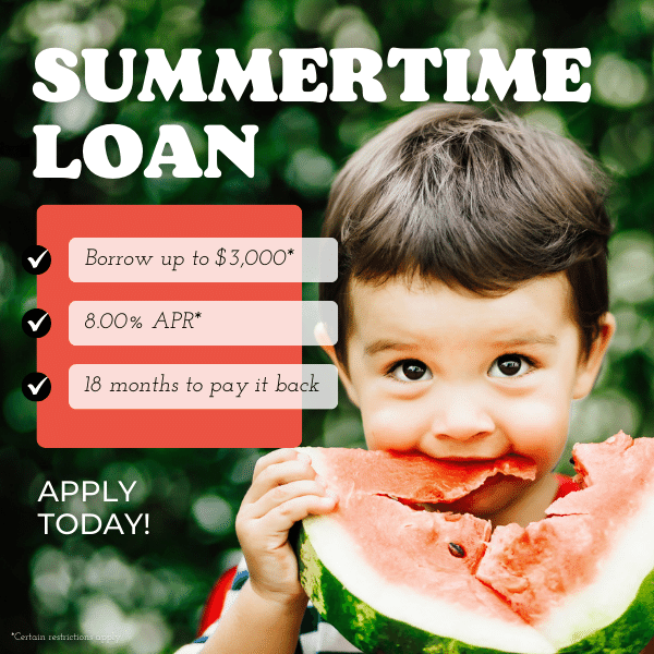 Make this summer a summer like no other with a democracy fcu summertime loan! Borrow up to $3,000 at 8.00% APR*. 18 months to pay it back! Certain restrictions apply. Click to learn more and apply.